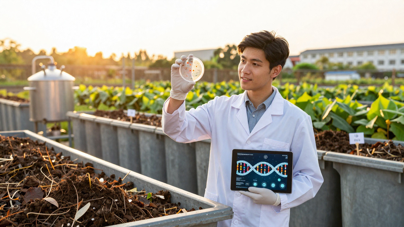 Cientista em laboratório ao ar livre analisa petri dish e segura tablet com imagem de DNA em fazenda.