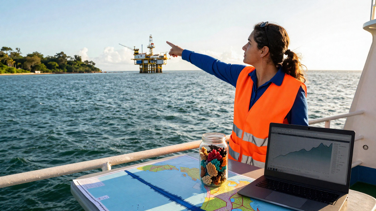 Mulher com colete laranja aponta para plataforma de petróleo no mar, com mapa e laptop à frente.