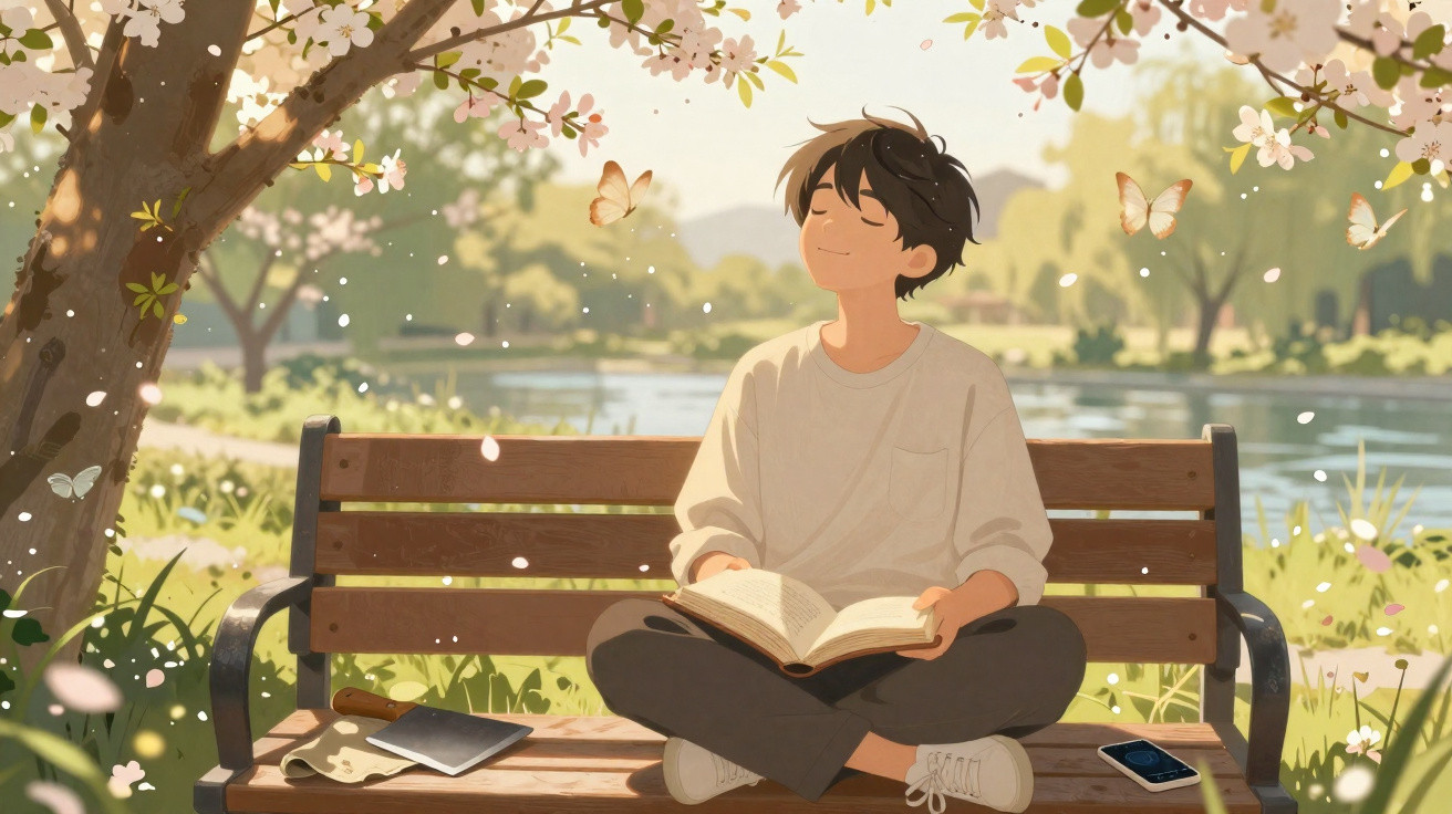 Pessoa sentada em banco de parque lendo livro, cercada por flores, borboletas e luz suave ao entardecer.