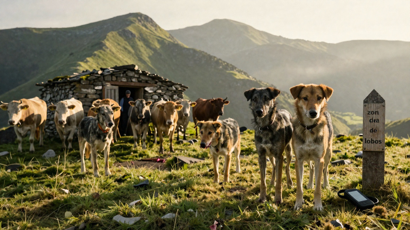 Cachorros pastoreando vacas próximas a uma casa de pedra em área montanhosa ao entardecer.