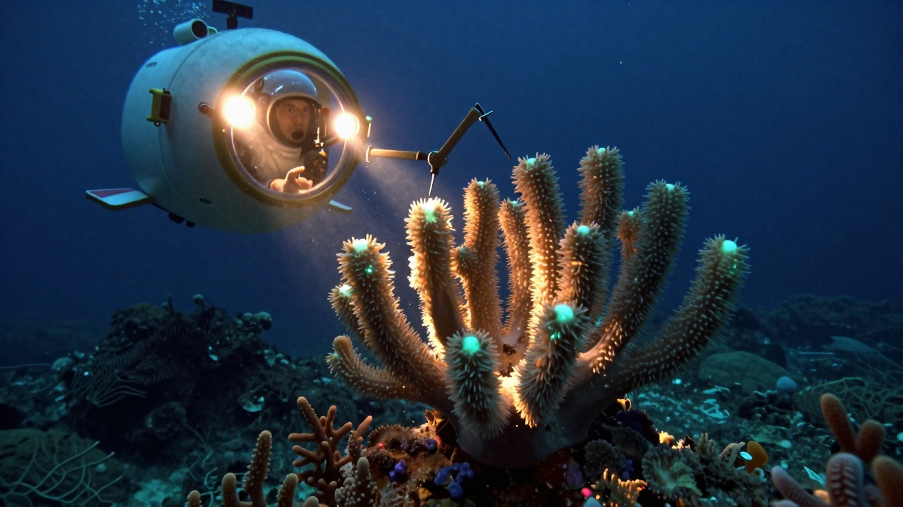 Submarino com luzes explora recife de coral com vários corais e peixes coloridos no fundo do mar.