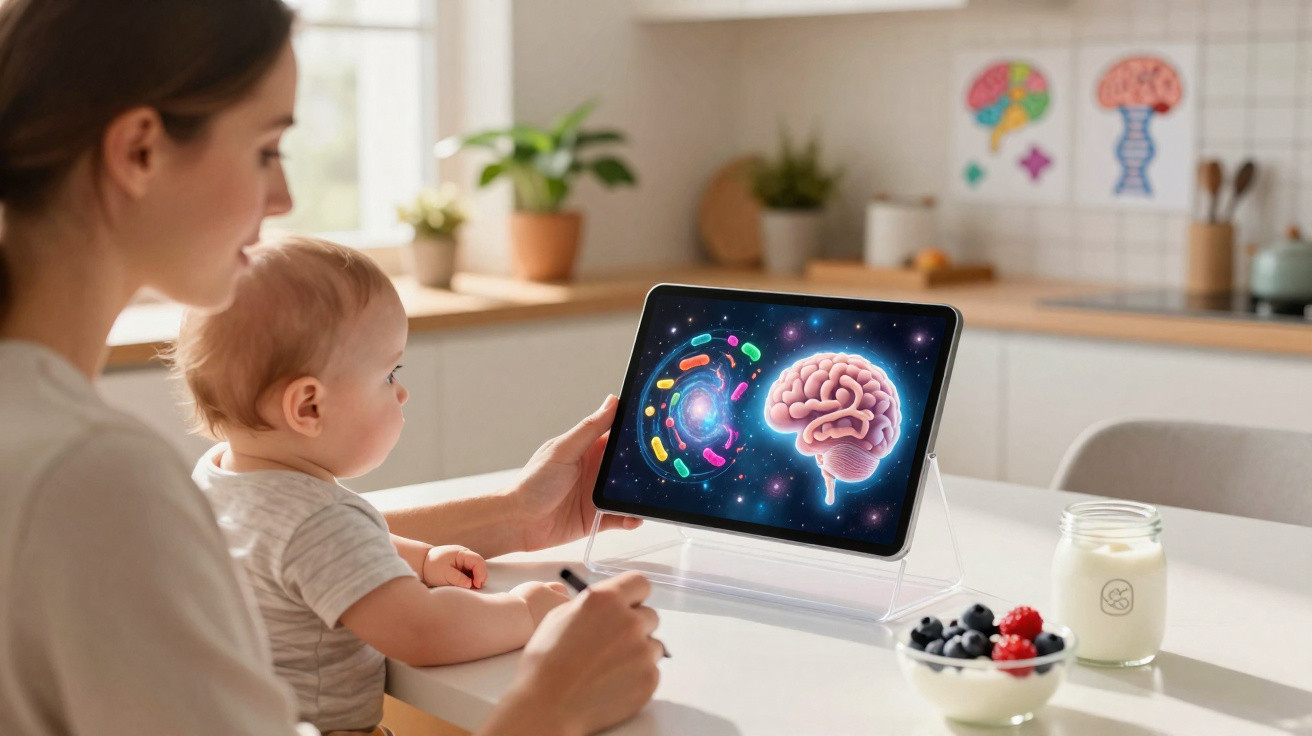 Mãe e bebê sentados à mesa olhando para tablet com imagens de cérebro e bactérias coloridas, numa cozinha iluminada.
