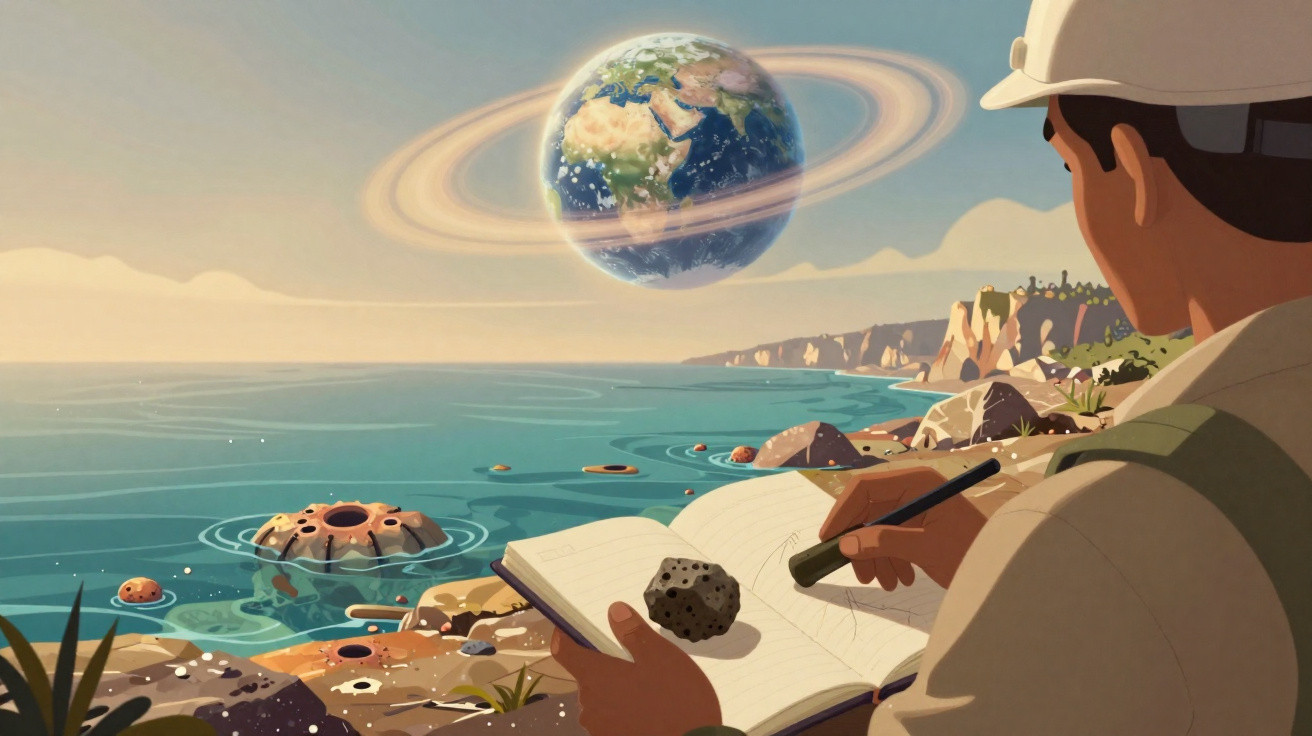 Ilustração de homem com capacete observando planeta Terra com anéis sobre um oceano e anotando em caderno.