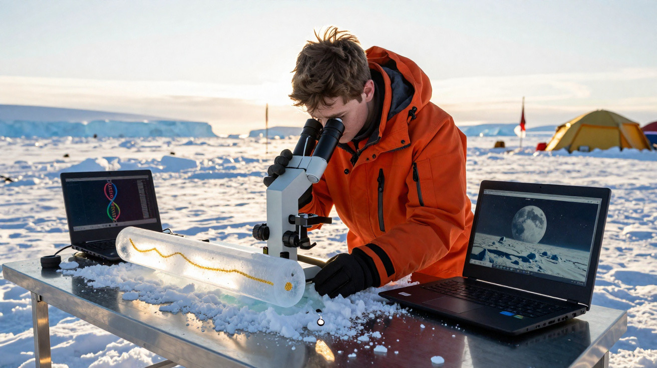 Cientista com casaco laranja usando microscópio em mesa de metal na neve com dois laptops e barraca ao fundo.