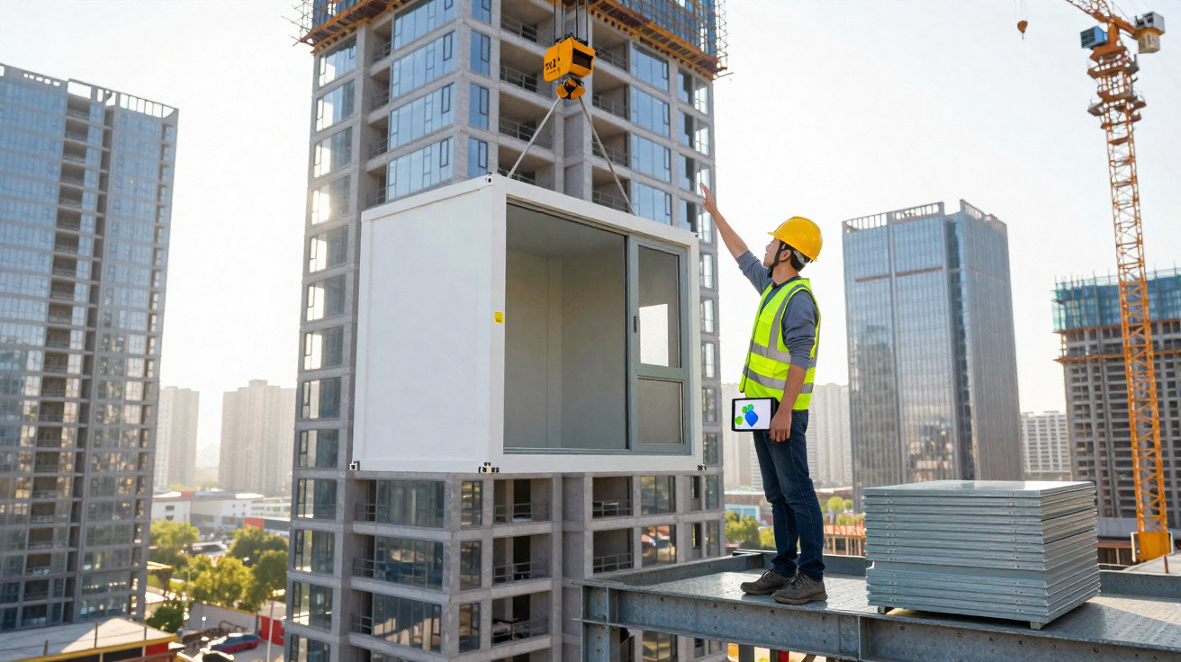 Trabalhador com capacete e colete verifica container suspenso por guindaste em construção urbana.