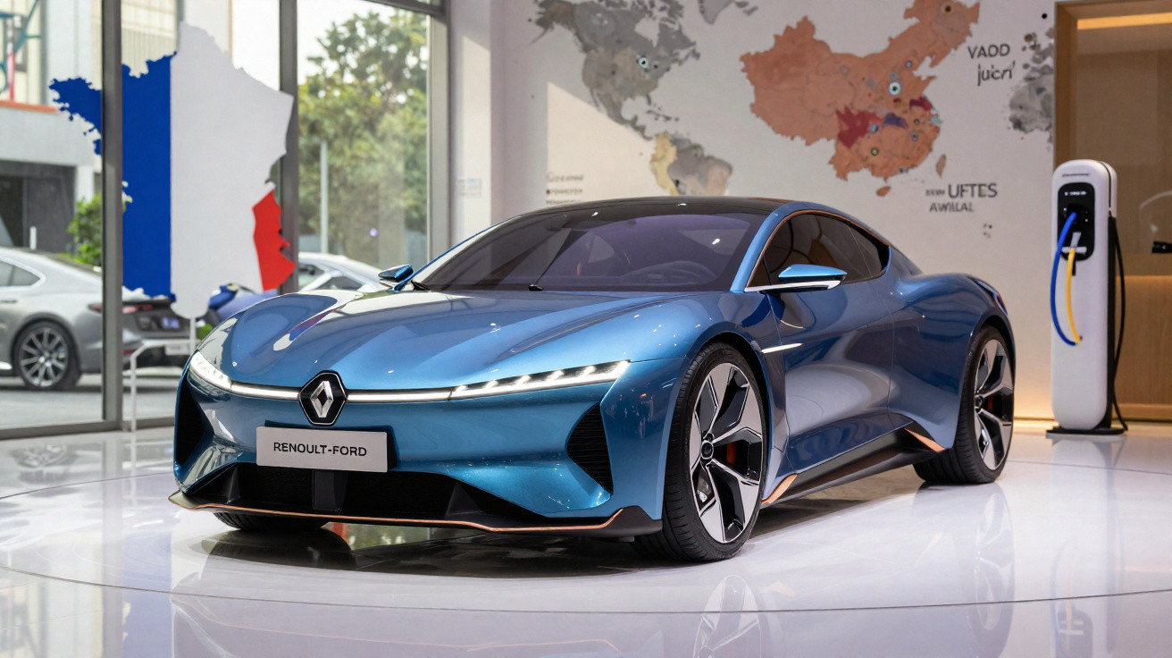 Carro esportivo elétrico azul da Renault em exposição, com carregador ao fundo e mapa na parede.