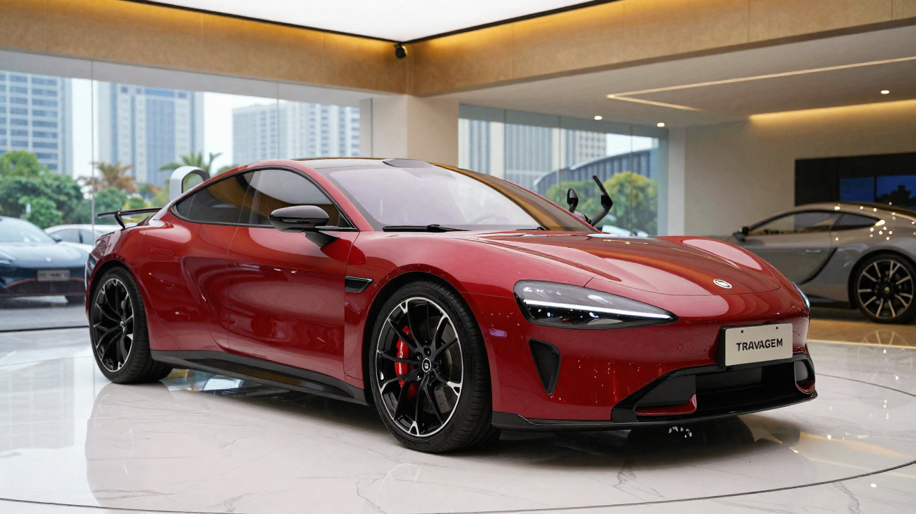 Carro esportivo vermelho exibido em showroom moderno com piso branco e vidro amplo.