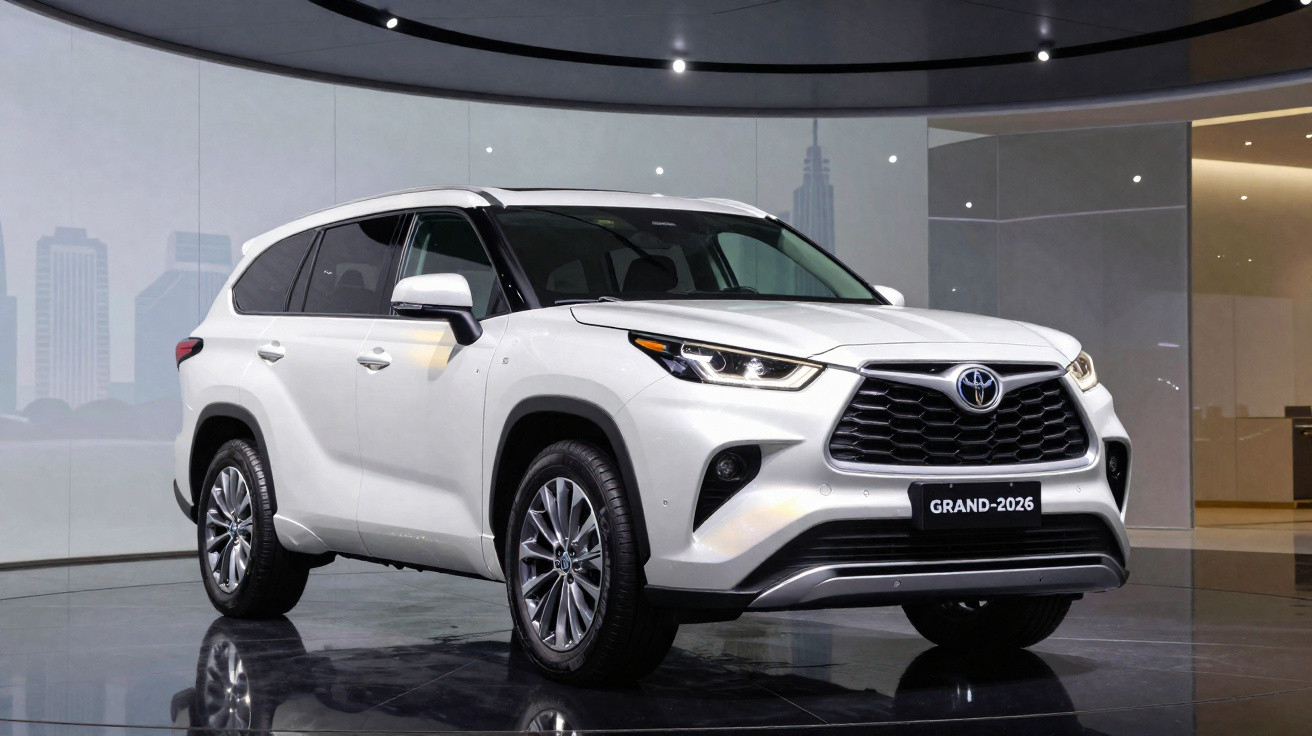 SUV branco Toyota Grand-2026 exibido em ambiente moderno com iluminação interna.
