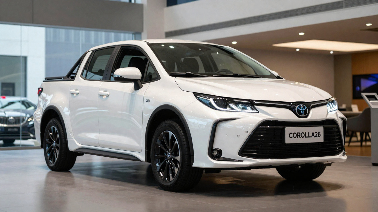 Picape Toyota Corolla Cross branca exibida em showroom com design moderno e rodas pretas.