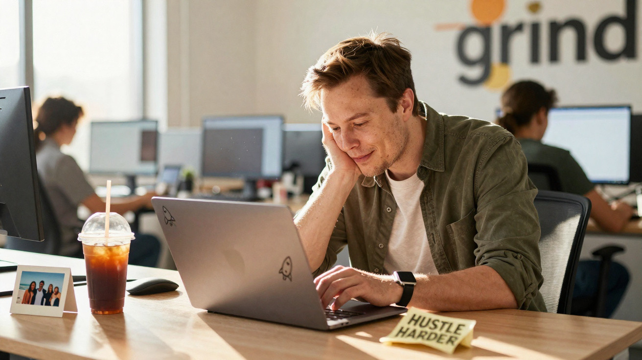 Homem sorridente trabalhando em laptop em escritório moderno com bebida gelada e bilhete "HUSTLE HARDER".