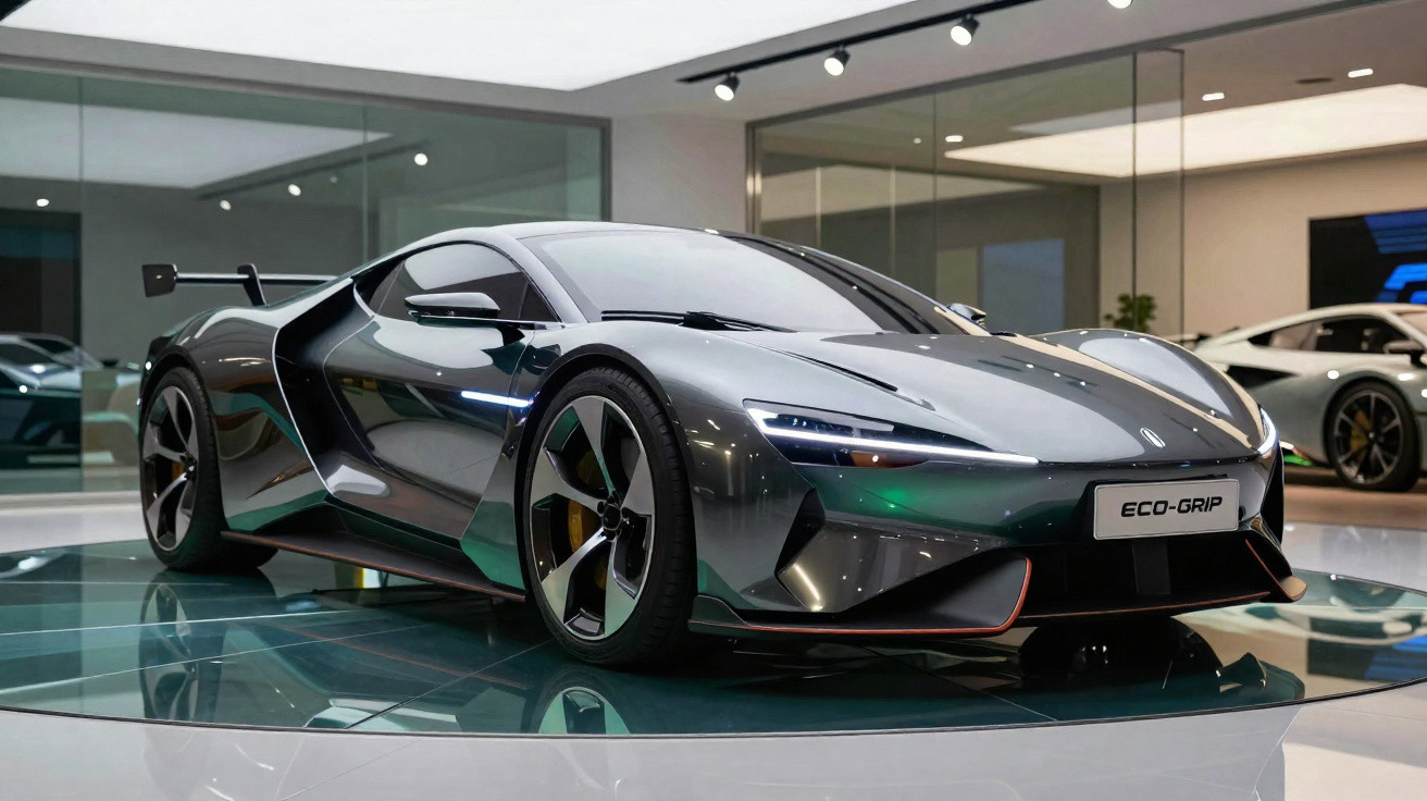 Carro esportivo elétrico cinza em exposição, com design aerodinâmico e detalhes modernos em showroom.