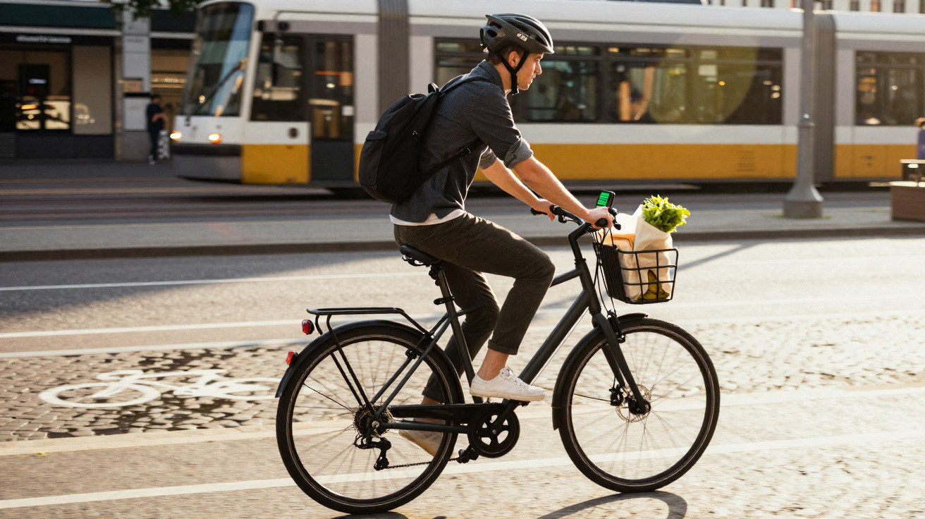 Homem de capacete pedalando bicicleta com cesta de compras em rua urbana com bonde ao fundo.
