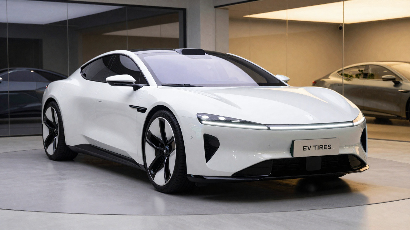 Carro elétrico branco moderno estacionado em showroom com teto baixo e rodas grandes.