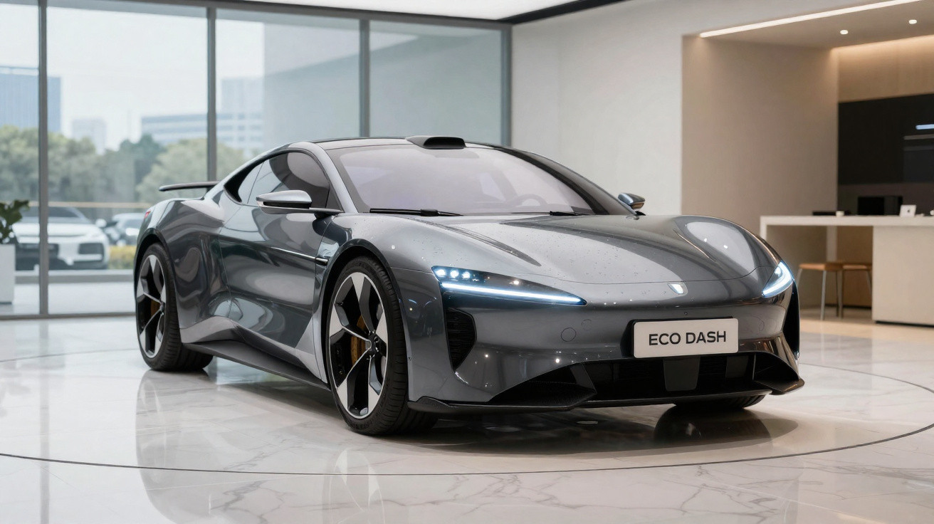 Carro esportivo elétrico cinza Eco Dash em showroom moderno com piso branco e parede de vidro.