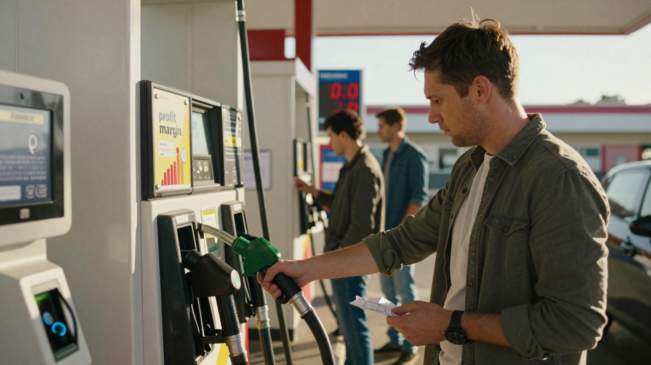Homem segurando bomba de combustível em posto de gasolina enquanto consulta nota fiscal.