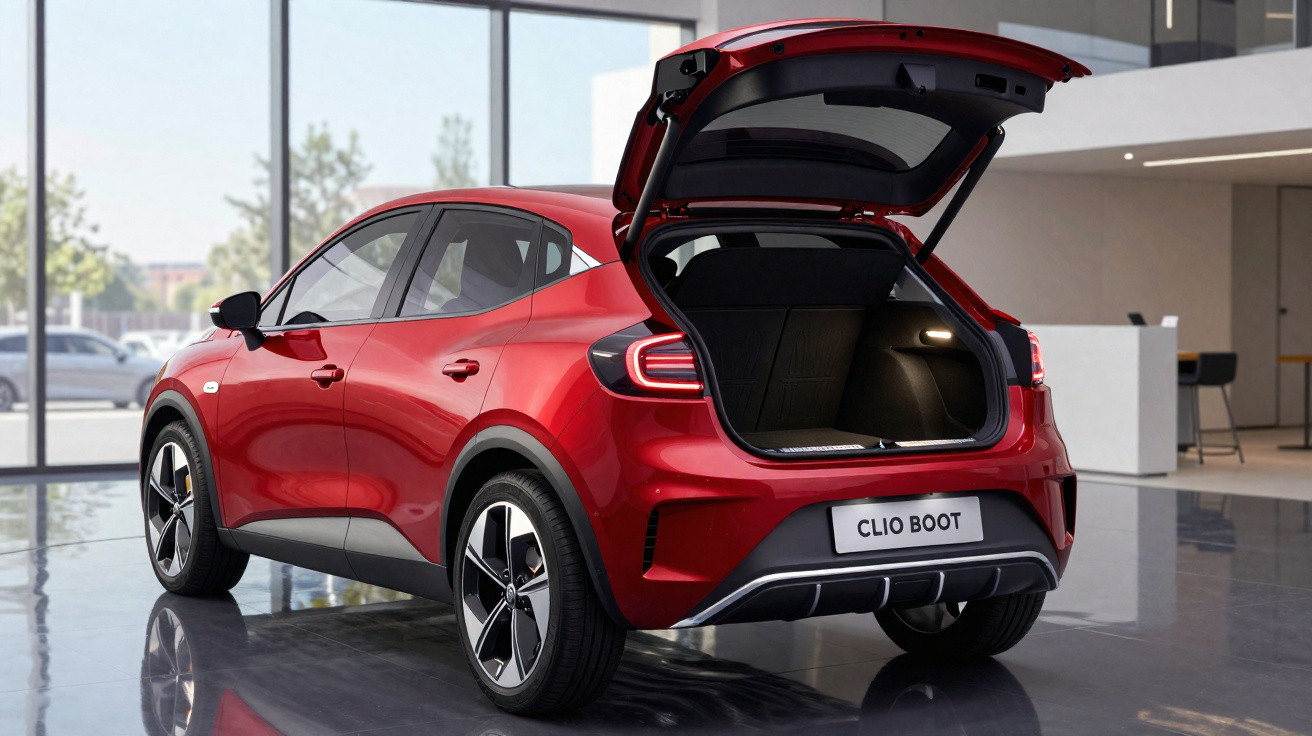 Carro compacto vermelho com porta-malas aberto em ambiente moderno e iluminado.