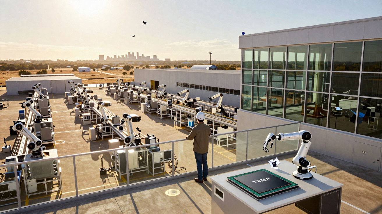 Vista aérea de uma fábrica moderna com braços robóticos automatizados e um homem observando a produção.