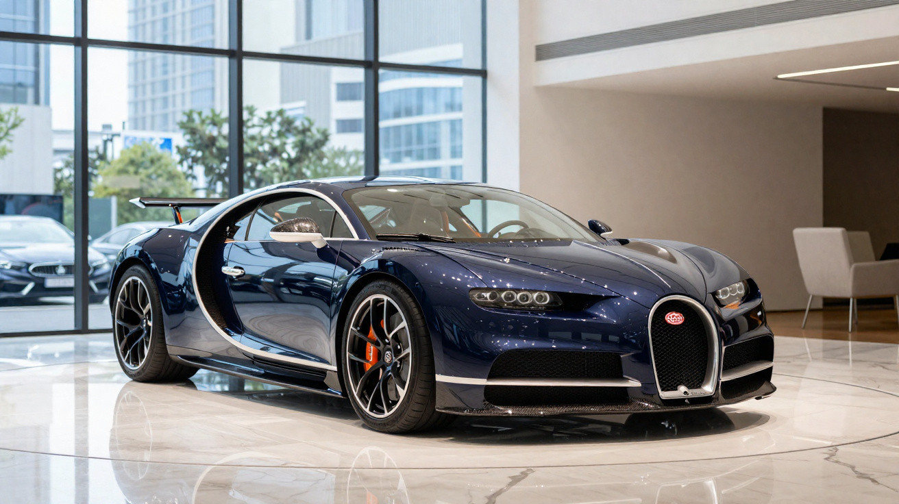 Carro esportivo azul escuro Bugatti Chiron exibido em showroom moderno com piso refletivo.