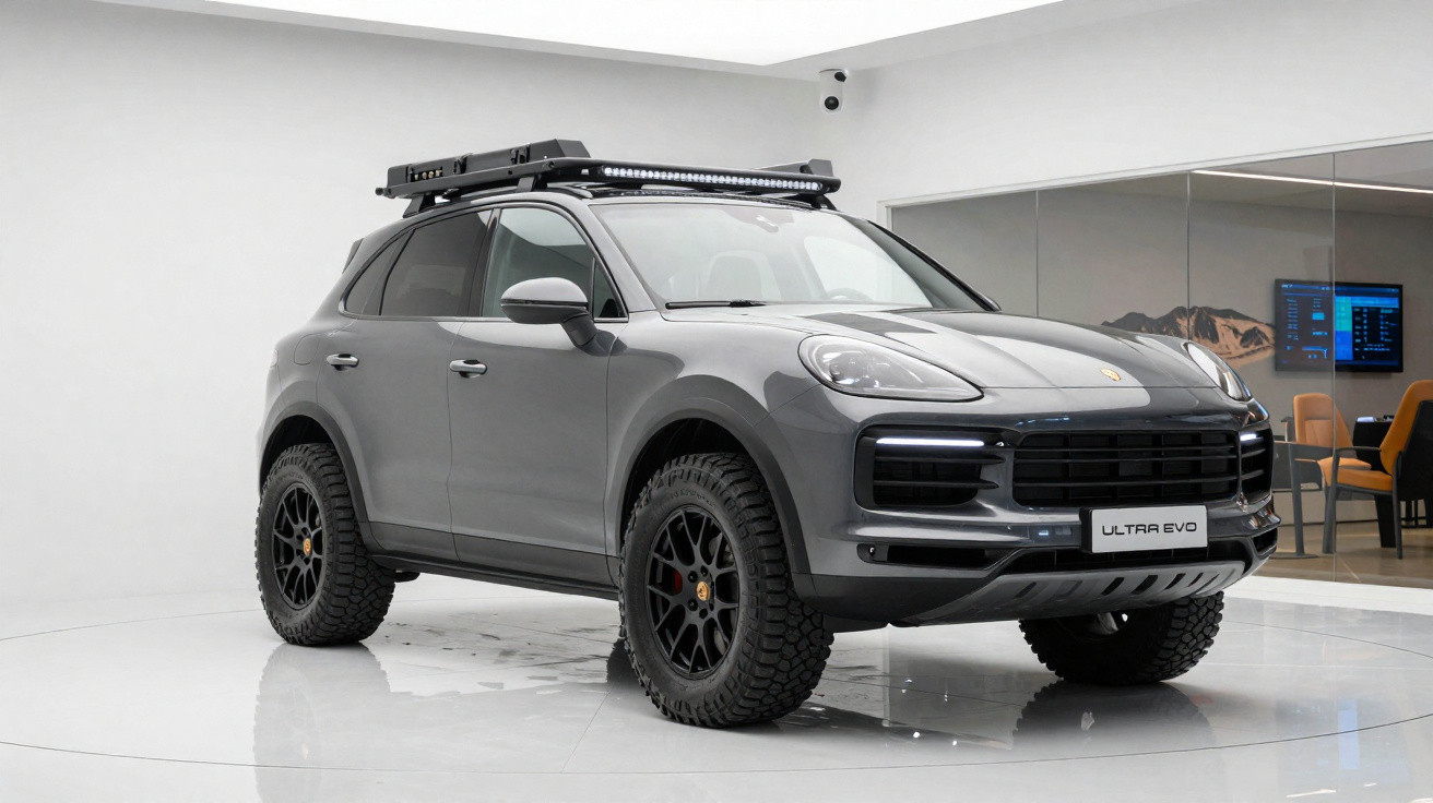SUV cinza com pneus off-road, barra de luz no teto e placa dianteira escrita Ultra Evo em sala branca.
