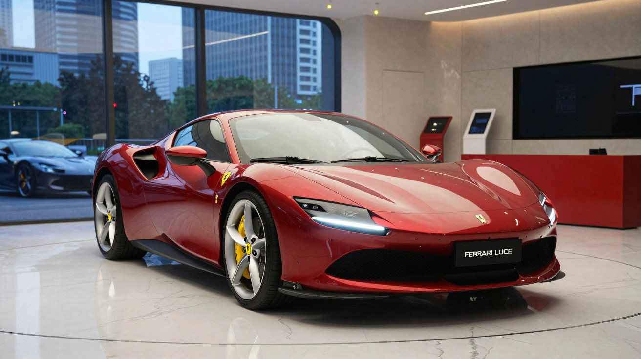 Carro esportivo Ferrari vermelho exibido em showroom moderno com piso branco e vista urbana ao fundo.