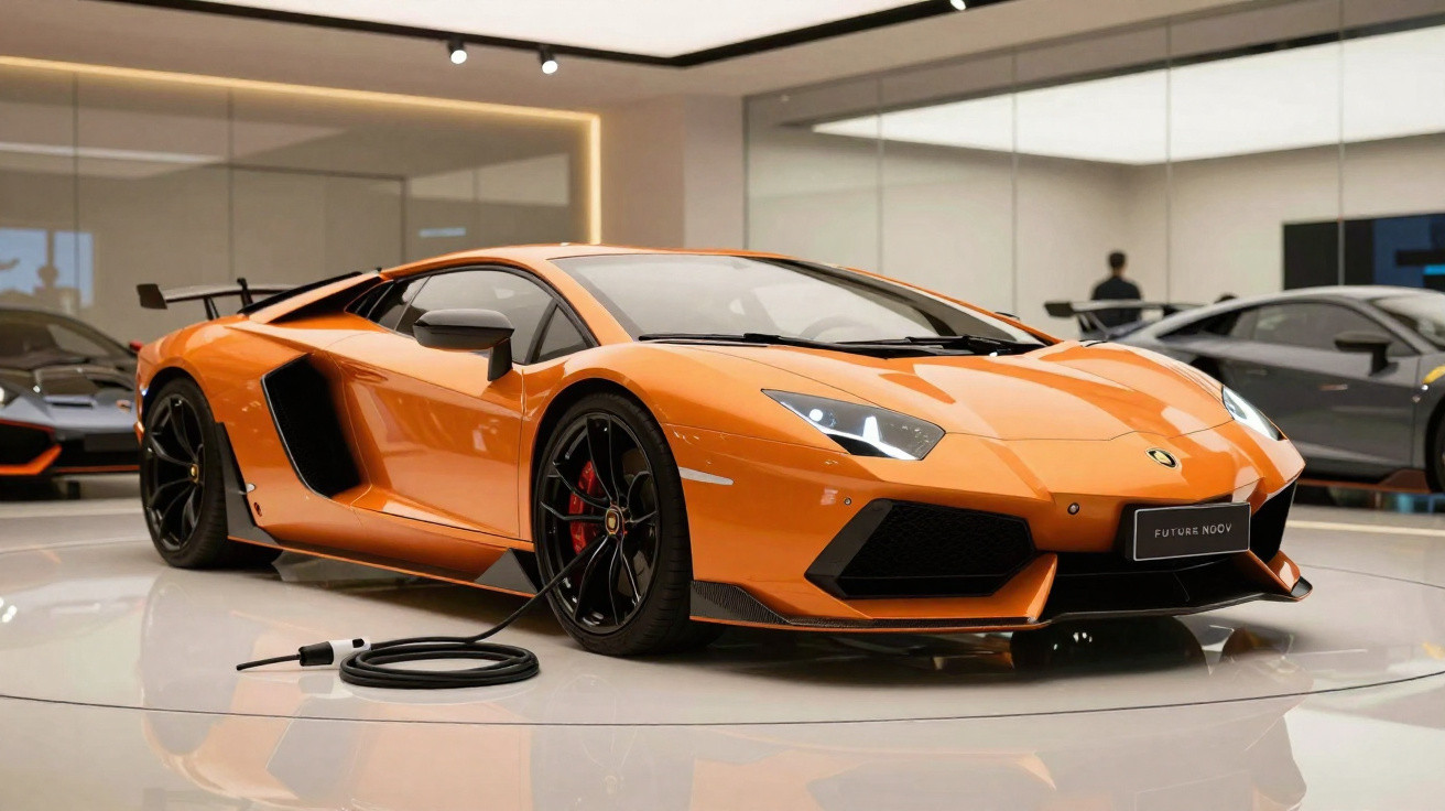 Carro esportivo Lamborghini laranja plugado em carregador dentro de showroom moderno e iluminado.