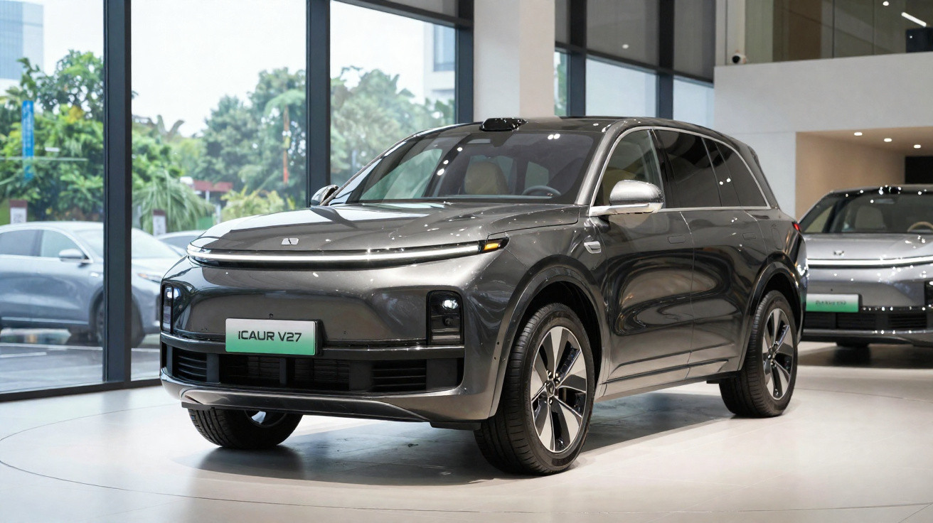 SUV elétrico cinza Icar V27 exibido em showroom moderno com grandes janelas e outro carro ao fundo.