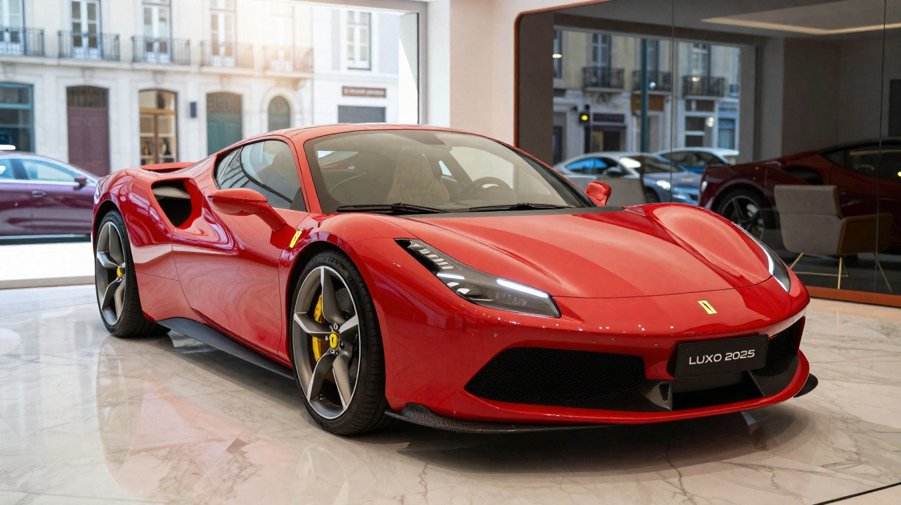 Carro esportivo vermelho Ferrari Luxo 2025 exposto em showroom elegante com piso de mármore.