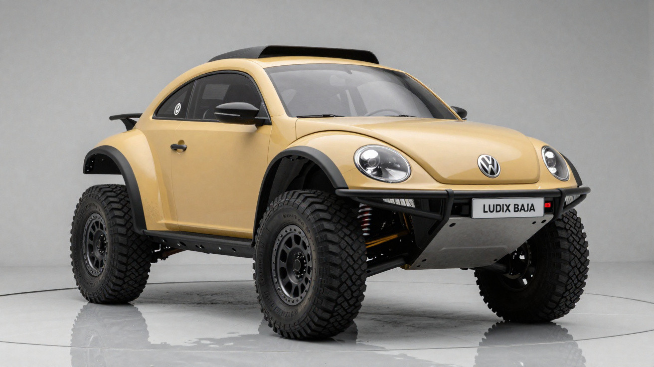 Carro Volkswagen Fusca modificado para off-road com pneus grandes e suspensão elevada cor bege.