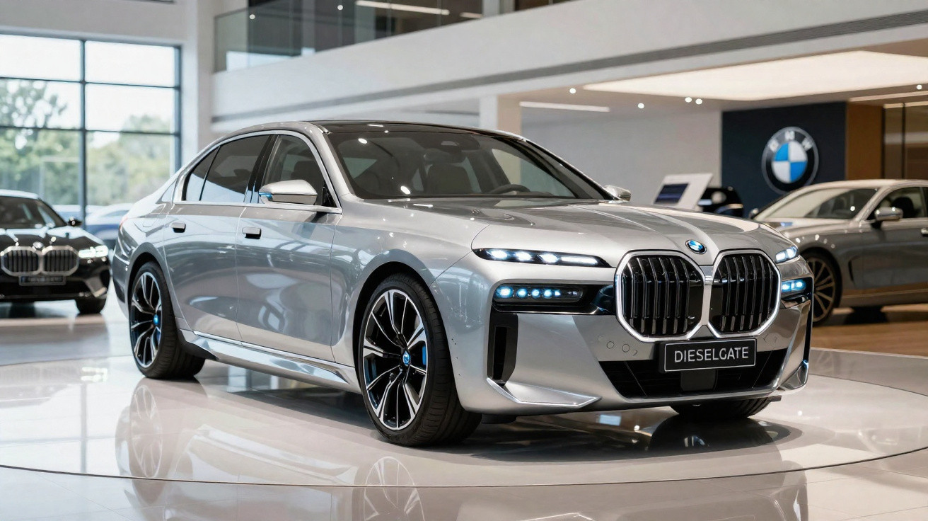 Carro sedan prata BMW em exposição interna com luzes diurnas LED ligadas e placa "DIESELGATE".
