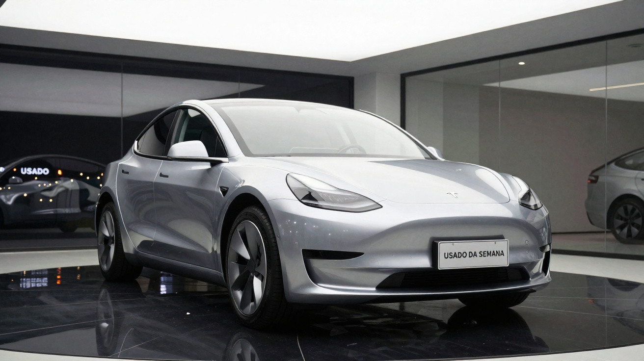 Carro elétrico prata Tesla Model 3 exibido em showroom moderno com placa "Usado da Semana"