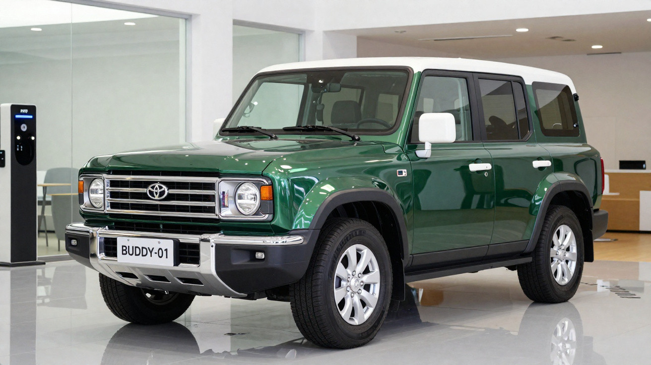 Carro SUV verde com teto branco estacionado em showroom moderno e bem iluminado.