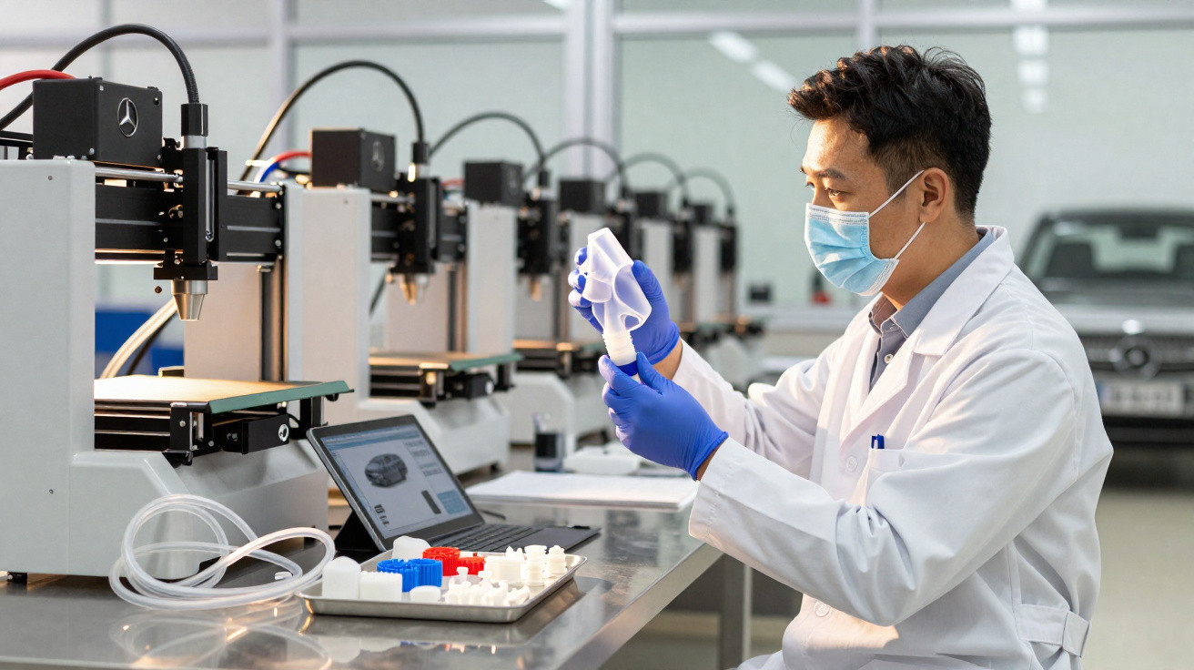 Homem com jaleco e máscara examina peça impressa em 3D em laboratório com várias impressoras 3D.