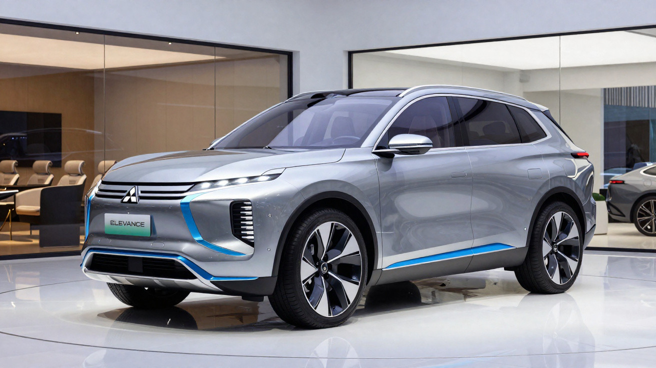 SUV elétrico prata Mitsubishi Elevance exibido em ambiente interno moderno e iluminado
