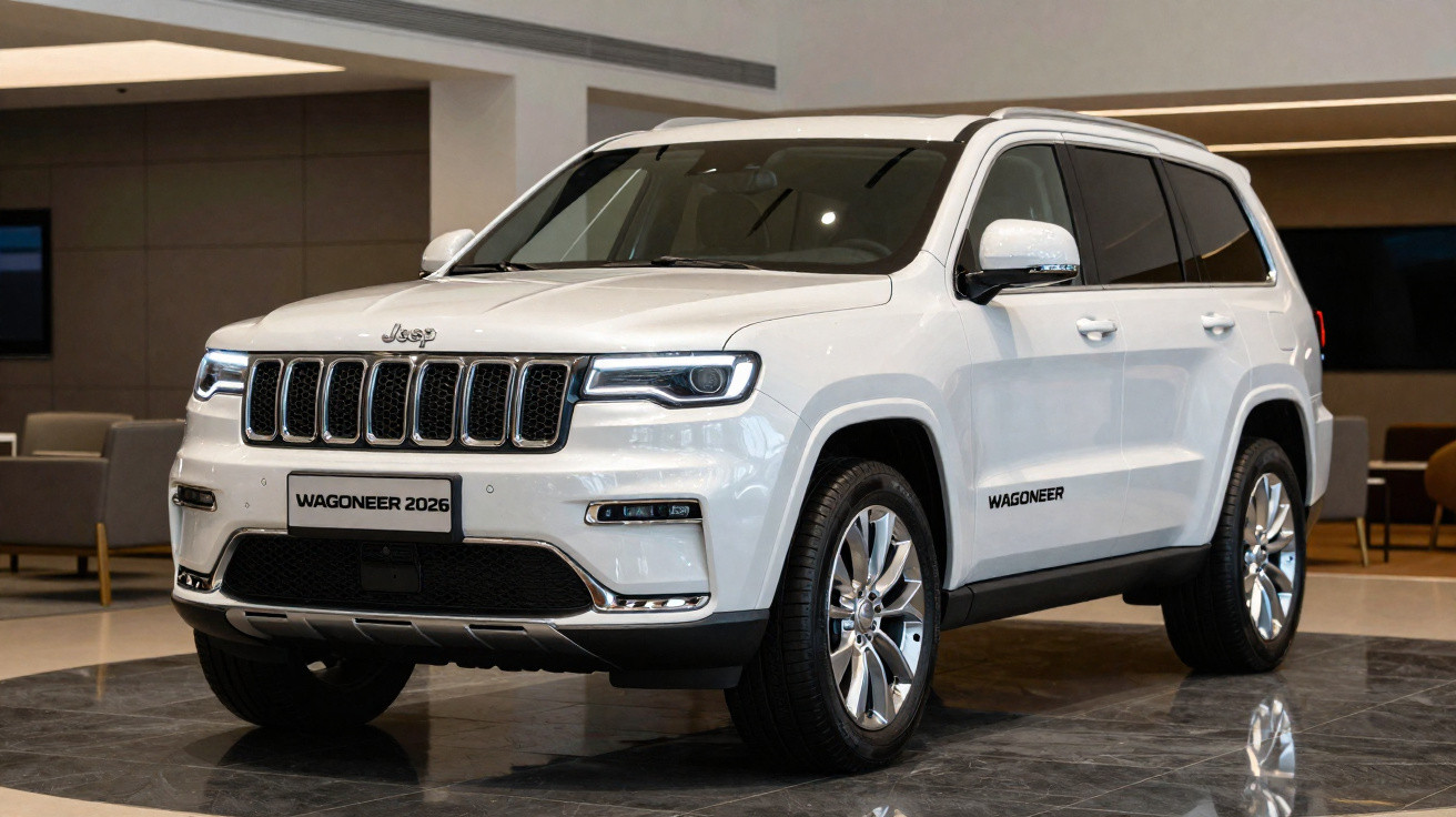 SUV Jeep Wagoneer 2026 branca em showroom com design robusto e moderno, em piso de mármore escuro.