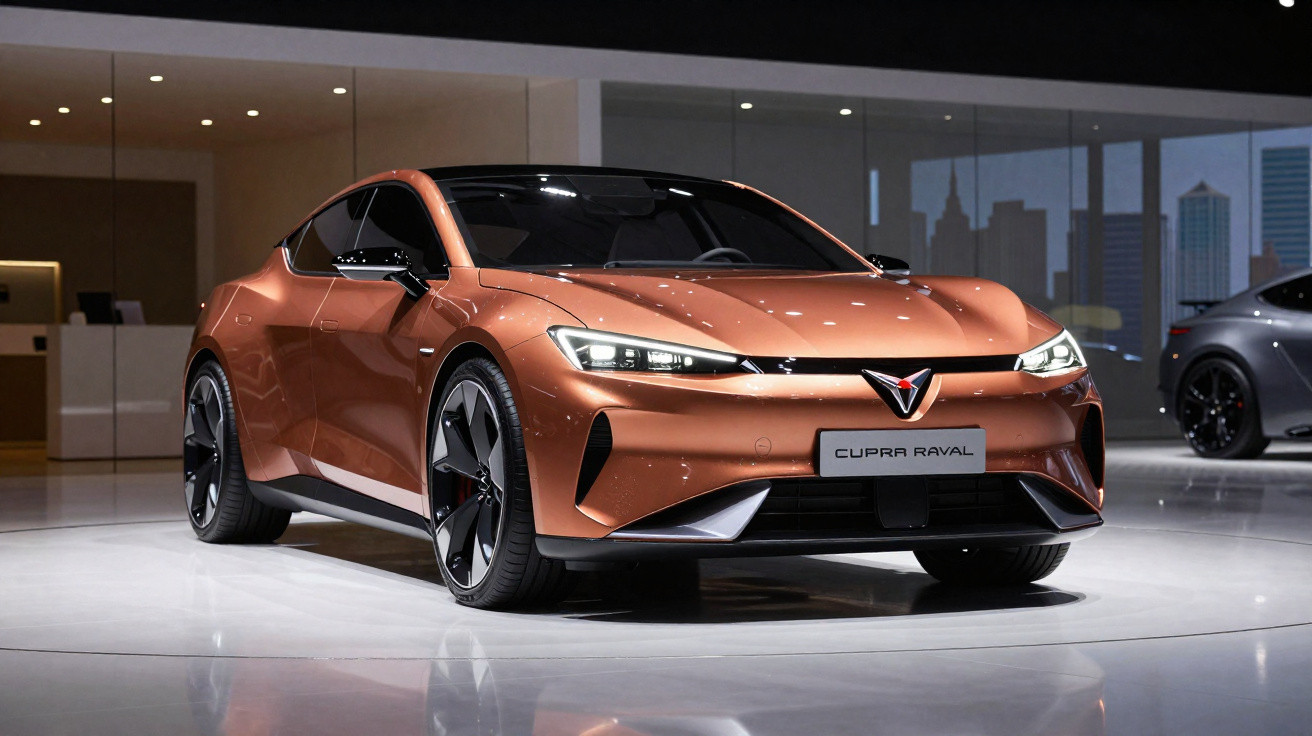 Carro cupra raval laranja metálico exibido em showroom moderno com teto preto e rodas esportivas.