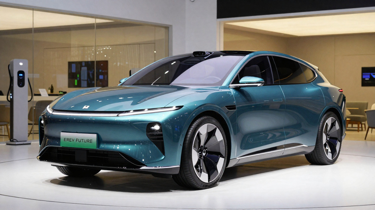 Carro elétrico azul futurista em exposição, com design moderno e carregador elétrico ao fundo.