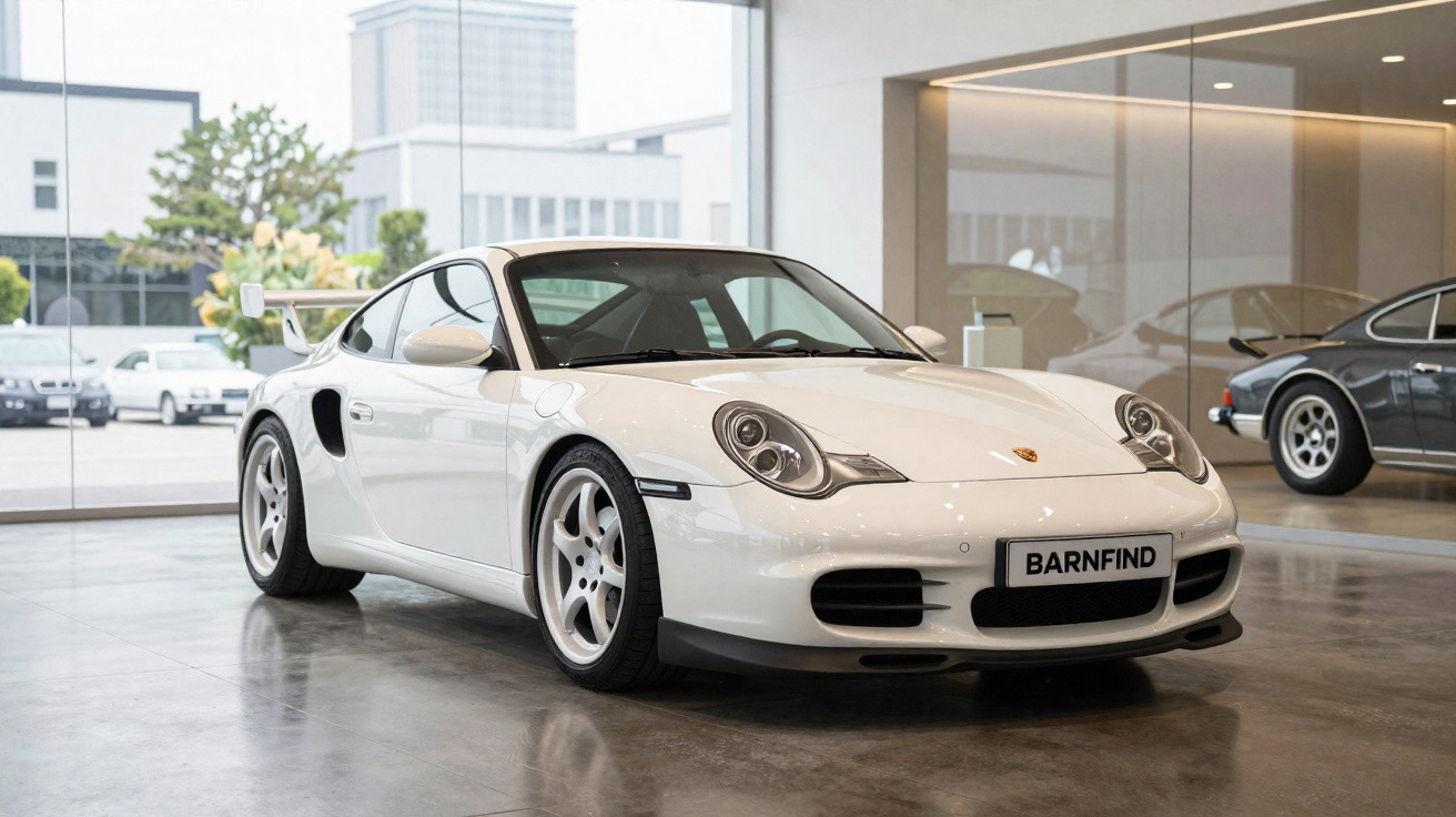 Carro esportivo Porsche branco em exposição dentro de showroom moderno com piso refletivo.