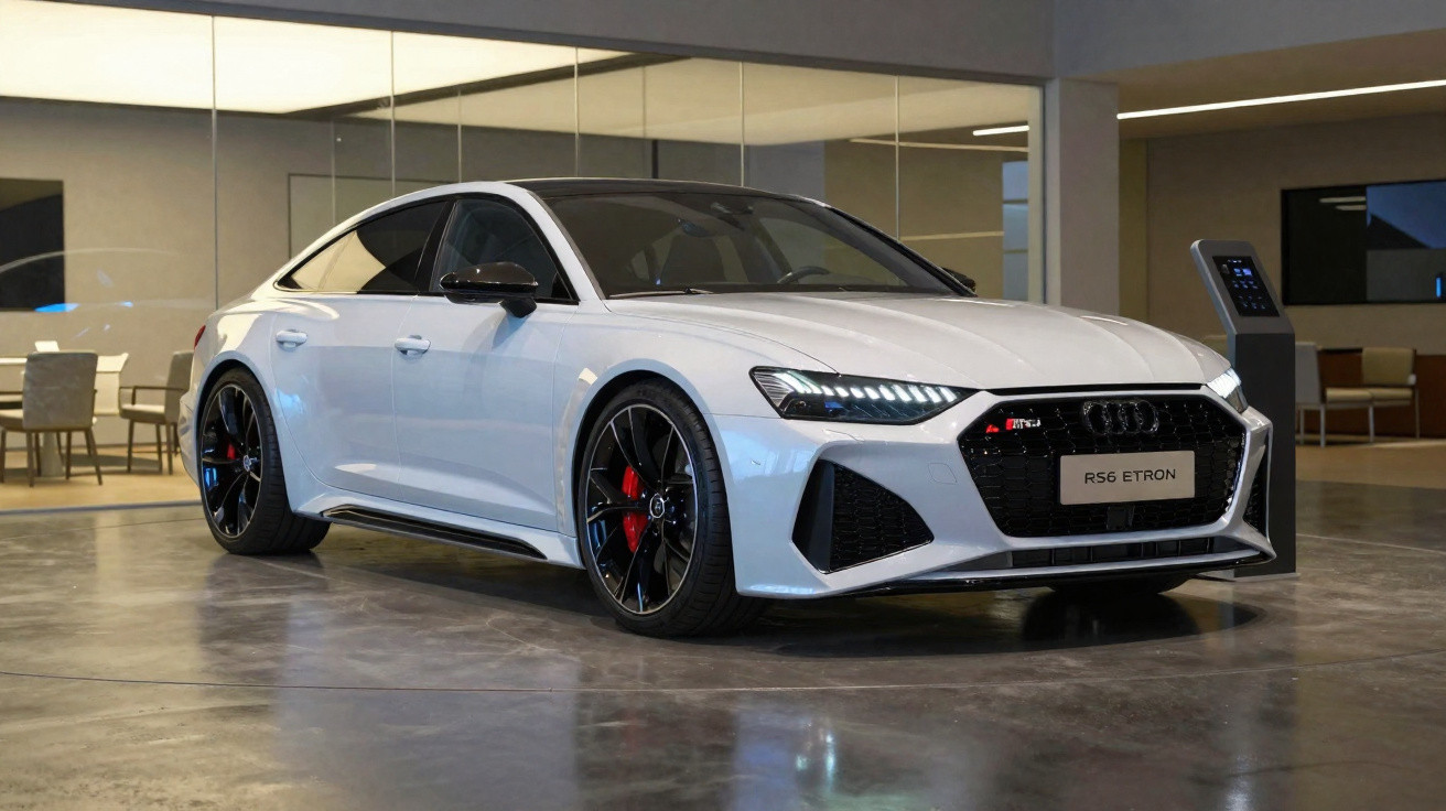 Carro branco Audi RS6 e-tron estacionado em ambiente interno com roda preta e freio vermelho.