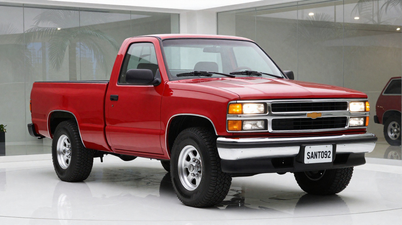 Picape Chevrolet vermelha parada em ambiente interno com paredes de vidro.