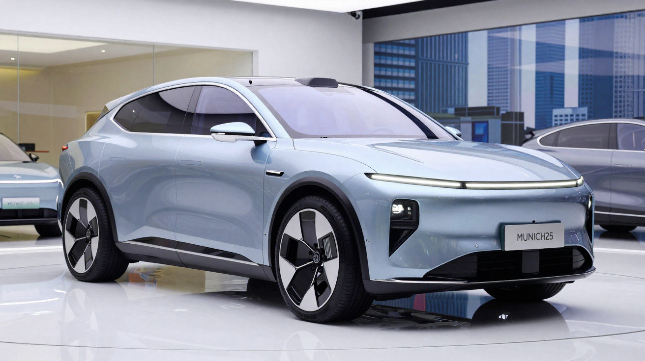 Carro elétrico moderno prata em exposição interna com design aerodinâmico e rodas estilizadas.