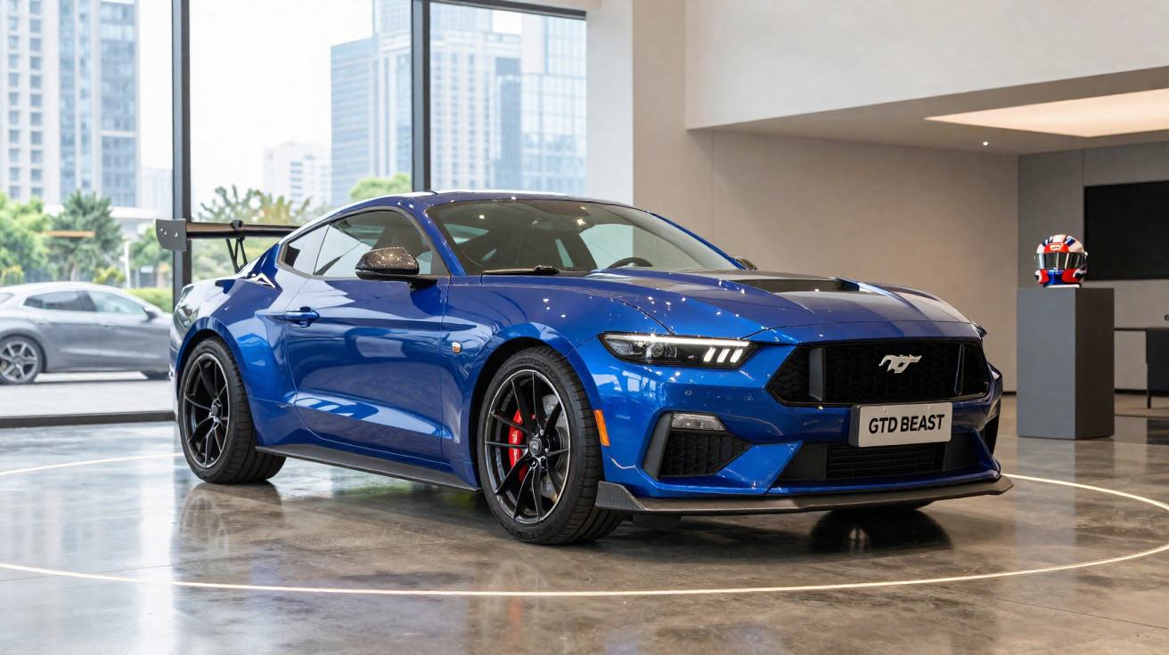 Carro esportivo azul GTD Beast exibido em showroom com vidro e edifícios ao fundo.