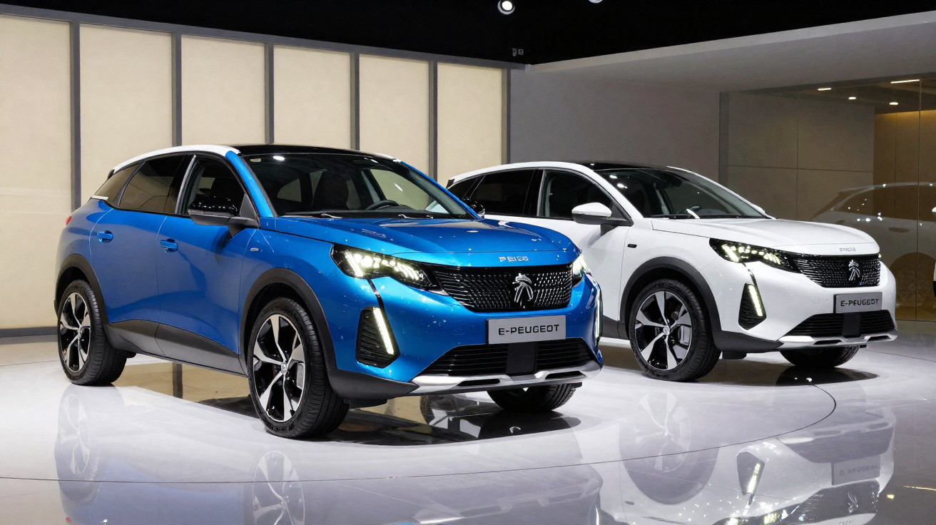 Dois carros elétricos Peugeot e-208, um azul e um branco, expostos em ambiente interno moderno.