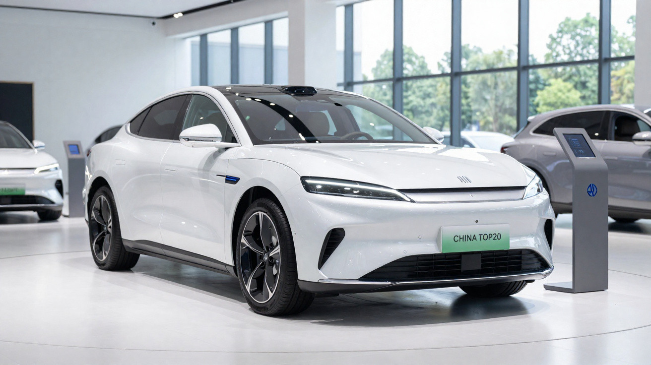 Carro elétrico branco exposto em showroom moderno com grande janela de vidro ao fundo.