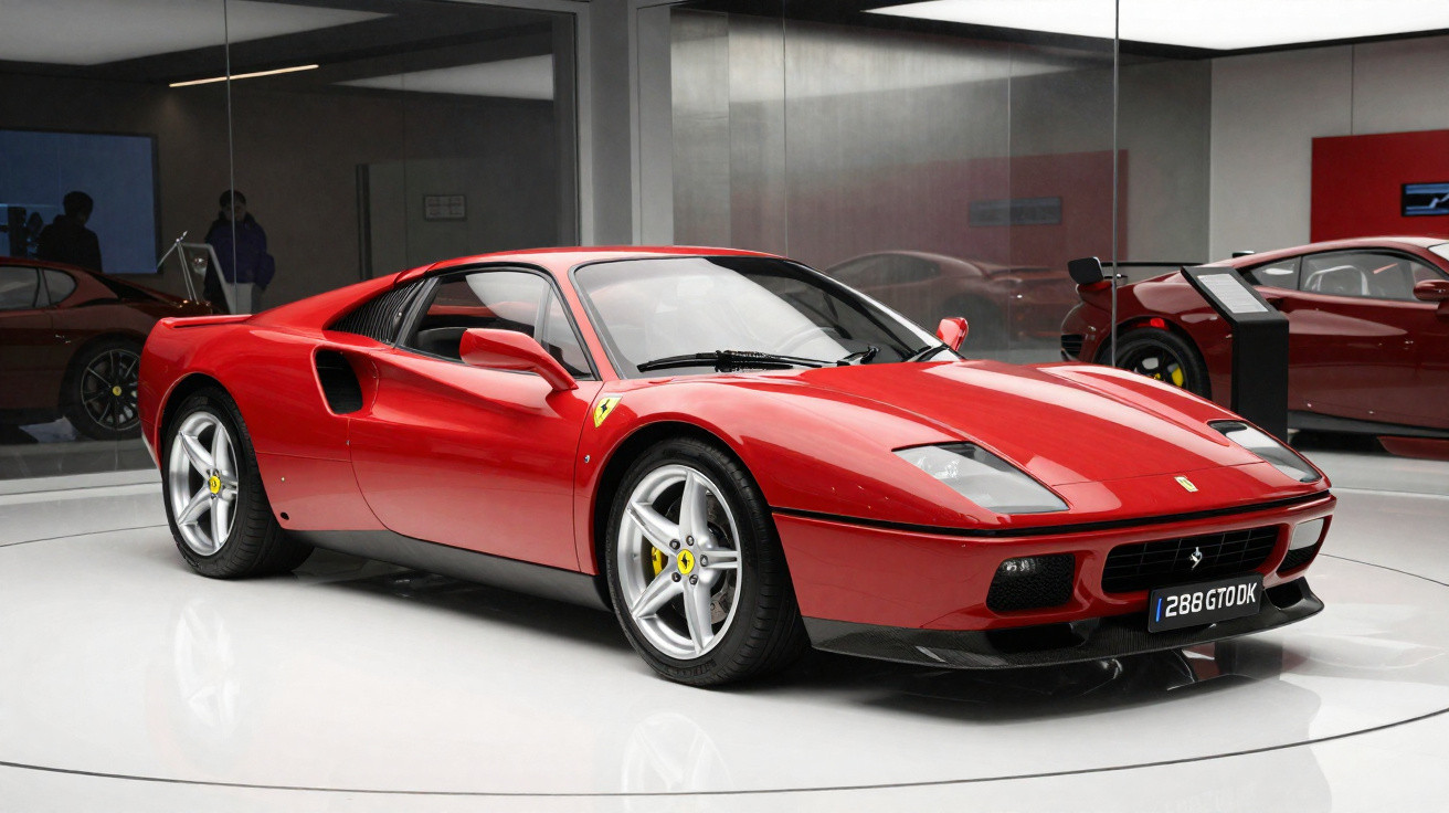 Carro esportivo vermelho Ferrari 288 GTO em exposição, com rodas prateadas e detalhes pretos.