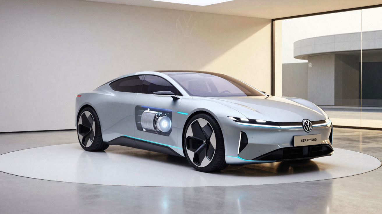 Carro elétrico prata Volkswagen SSP Hybrid exibido em salão moderno com destaque para motor futurista.