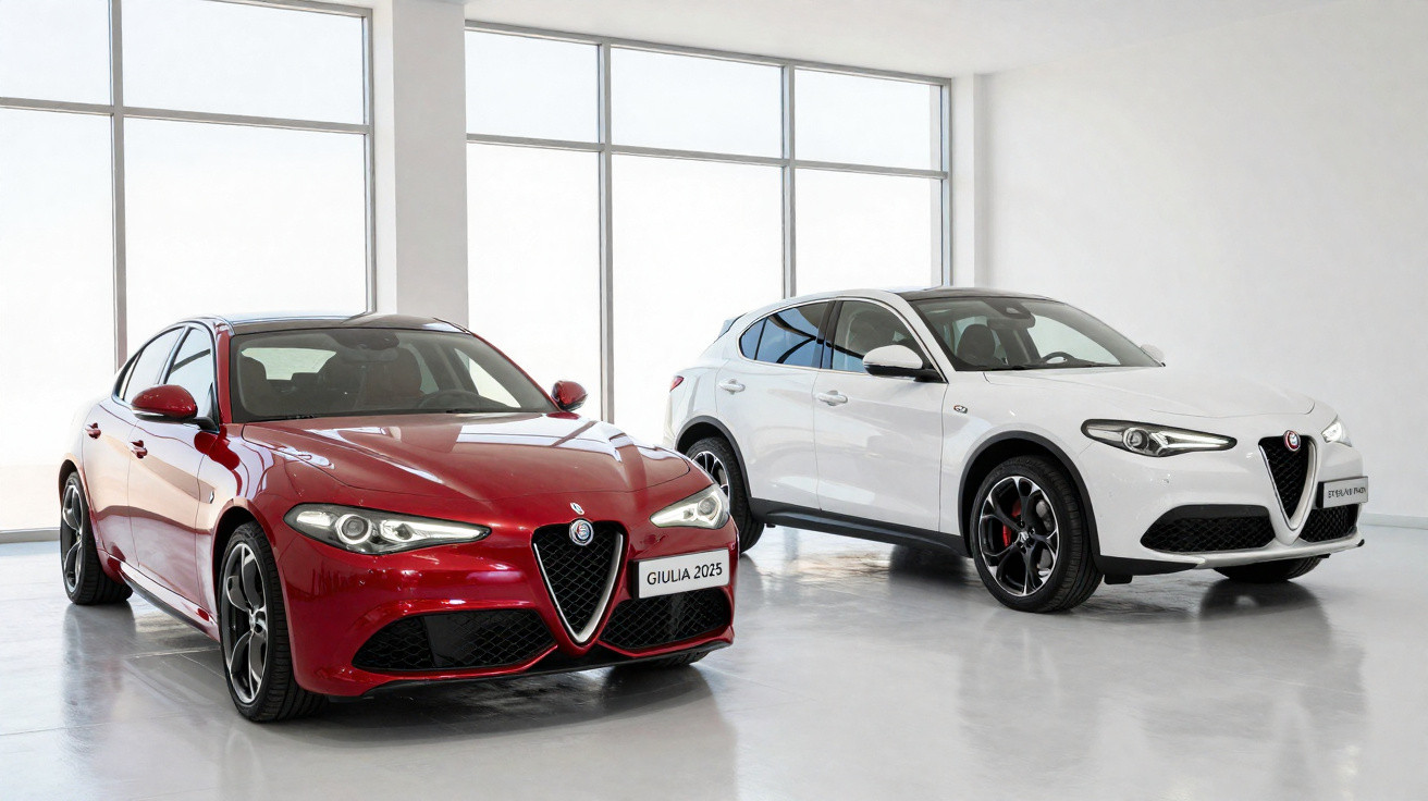 Dois carros Alfa Romeo novos, um sedã vermelho modelo Giulia 2025 e um SUV branco, em showroom moderno.