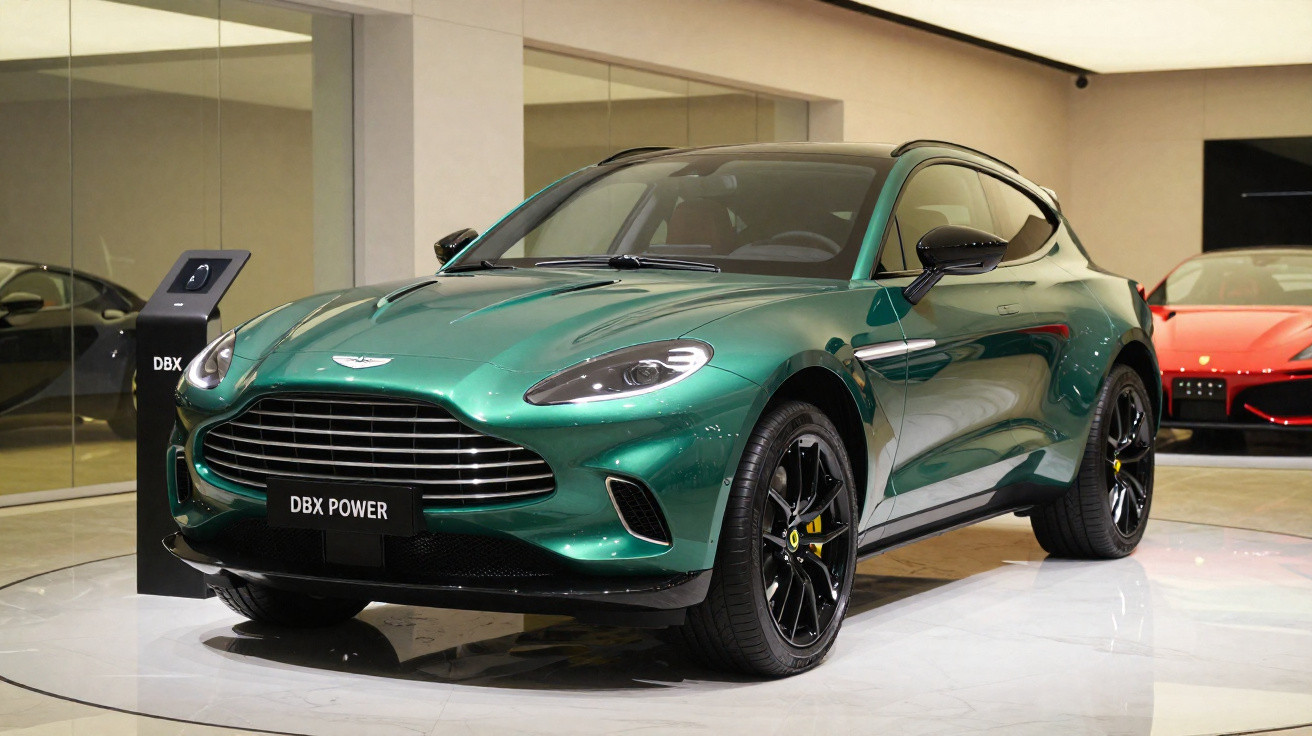 Carro esportivo verde Aston Martin DBX Power em exposição em showroom moderno.