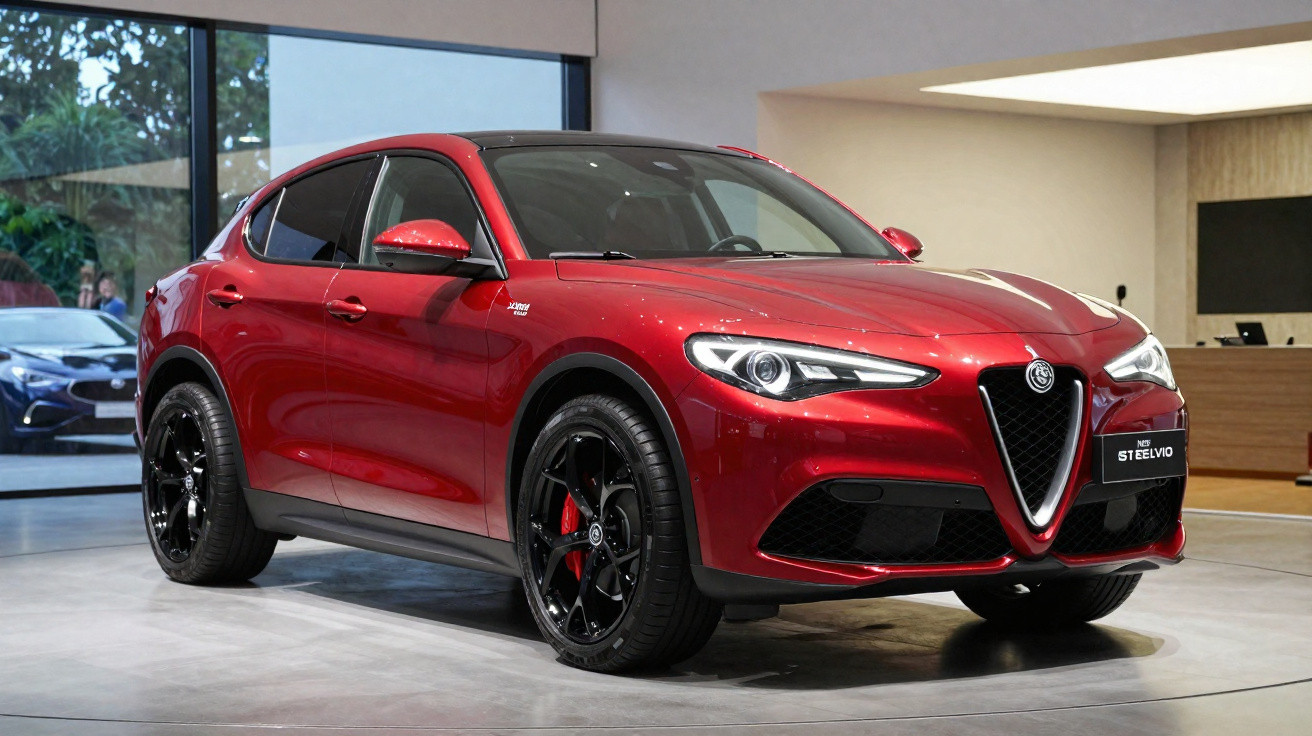 Carro SUV Alfa Romeo Stelvio vermelho em exposição dentro de showroom moderno.
