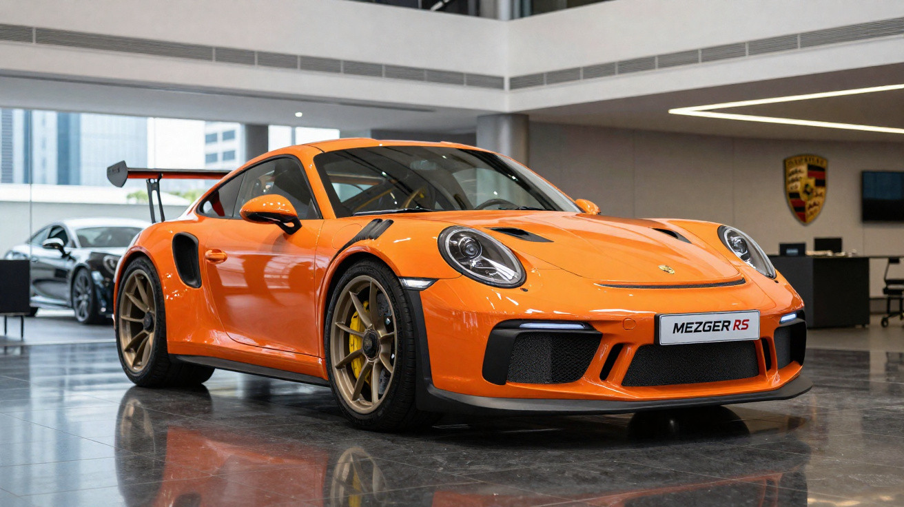 Carro esportivo Porsche 911 laranja estacionado em showroom moderno com piso refletivo.