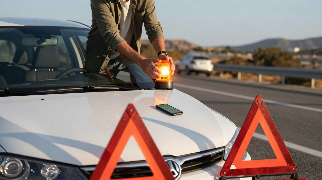 Homem coloca luz de emergência sobre capô de carro branco com triângulos de sinalização na estrada.